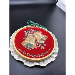 Handmade Christmas Ornament Wood Hoop Eyelet Lace Victorian Golden Bells Red Vtg